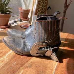 Free People Black Distressed Ankle Cowboy Boots